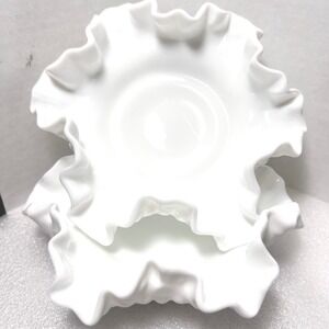Vtg Sm Fenton White Milk Glass Dishes Two Ruffled Hobnail Bowl Candy Candle 5"